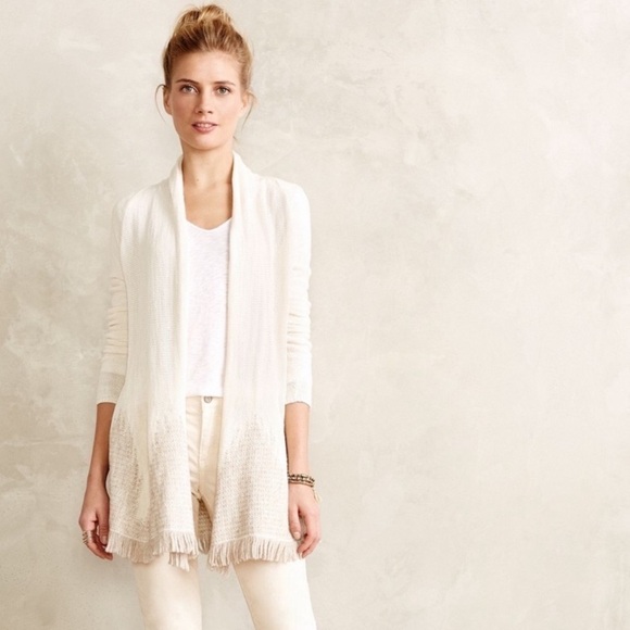 Anthropologie Moth Nevis Cream Fringe Wool Alpaca Cardigan size LP bohemian - Picture 3 of 13